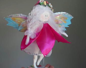 Handmade Fairy Doll Figurine – Pink Petal Dress, Wings, Whimsical Decor, Elegant Art Doll Gift