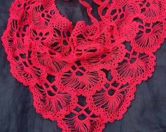 Red Crochet Lace Triangle Scarf: Cotton Bandana Headscarf, Waist Tie Accessory