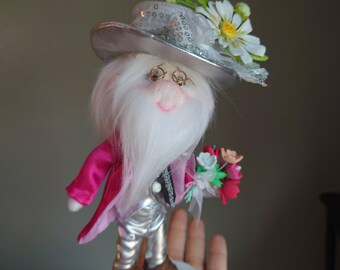 Handmade Gnome Figurine – Silver Pink Outfit, Removable Daisy Brooch, Poseable Decor