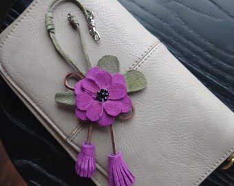Purple Suede Flower Charm – Handmade Tassel Keychain, Floral Bag Accessory, Gift for her