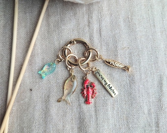 Ocean-Themed Stitch Markers – Fish, Lobster, Huggie Charm Set (4pc)