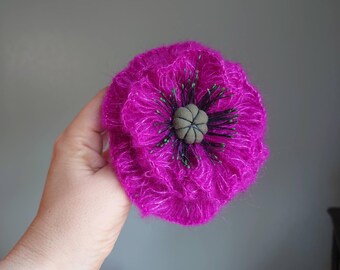 Handmade Mohair Flower Brooch – Soft Elegant Accessory, Romantic Gift for Her