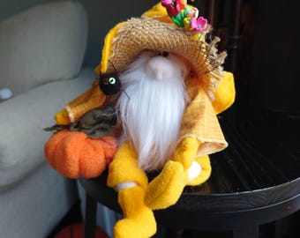 Handmade Fall Gnome with Pumpkin, Needle-Felted Spiders, Textile Art Doll
