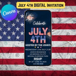 4. Juli Einladung mit Feuerwerk, Party zum einladen zum digitalen Unabhängigkeitstag, animiertes Grillfest oder Lagerfeuerfest eVite, bearbeitbare DIY-Vorlage