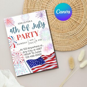 4th of July Party Invitation, American Flag Invite, Independence Day Celebration, Fireworks, Red, White, Blue, Patriotic Invite, USA Holiday