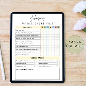 Editable Summer Chore Chart for Teens Tweens Pre-Teens, Daily and Weekly Responsibility Chart for Kids, Summer Chores Checklist for Teenager