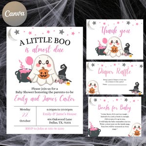 Editable Pink A Little Boo Baby Shower Invitation Bundle, Girl Halloween Baby Shower Invite, Ghost Halloween Baby Shower Invite, Canva Edit