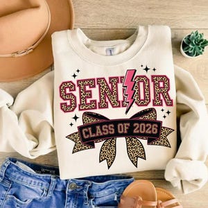 Senior 2026 PNG, Leopard Lightning Bolt Graduation Design, Coquette Class of 2026 Sublimation, Preppy Girly Senior Bow Shirt Design