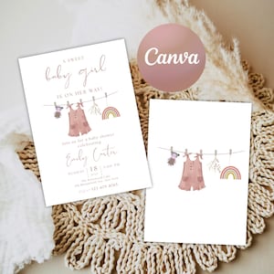 LUCY Boho Girl Clothesline Baby Shower Invitation, Sweet Baby Girl Invitation Template, Girl Baby Shower Invite, Editable Baby Shower DIY