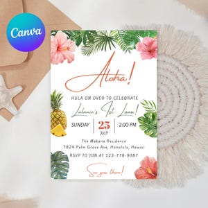 1st Luau Birthday Invitation Template, Luau First Birthday Invitation, Tropical Birthday Invitation, Aloha Birthday Invitation Palm LALANI
