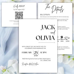 Minimalistische huwelijksuitnodigingbundel QR-code, minimale uitnodigingssjabloonset, moderne uitnodigingssuite, elegante online RSVP, detailskaart AT10