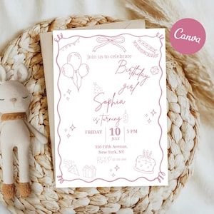 Pink Birthday Party Invitation Template - Editable Canva Design for Girls&#39; Birthdays