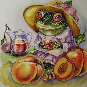 Fiesta del té con ranas: pintura de acuarela original de 25 x 25 cm, arte cottagecore, regalo para amantes de las ranas, decoración vintage acogedora