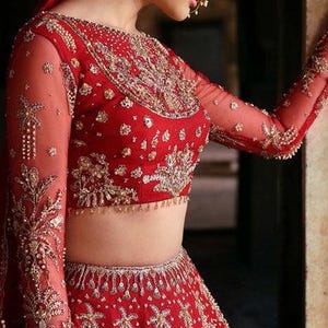 Red Lehenga Choli | Hand Embroidered Net Lehenga | Bridal Mehndi Outfit | Traditional Fancy Lengha for Wedding Worldwide Free Shipment