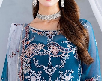 Traje pakistaní azul / Vestido formal para boda / Conjunto bordado