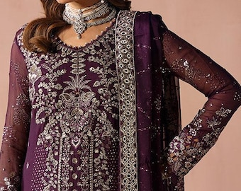 Purple Salwar Kameez for Women wedding dress | Embroidered Pakistani Suit in Chiffon & Organza