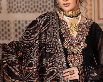Pakistani Kameez bridesmaid dresses Black Embroidered Chiffon with Sequins & Raw Silk Trouser