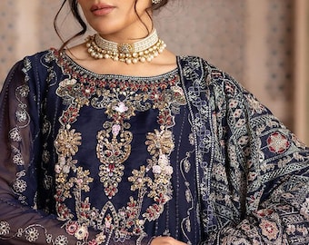 Pakistani Kameez bridesmaid dresses Blue Embroidered Chiffon Formal Party & Wedding Wear