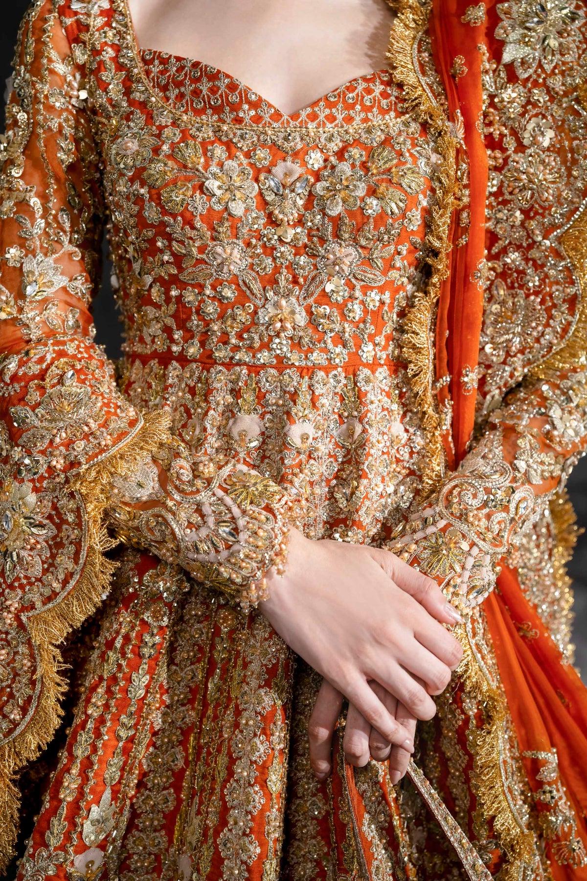 orange bridal dresses pakistani Orange Angrakha Style Pakistani Wedding Dress, Embroidered Zari Net Dupatta