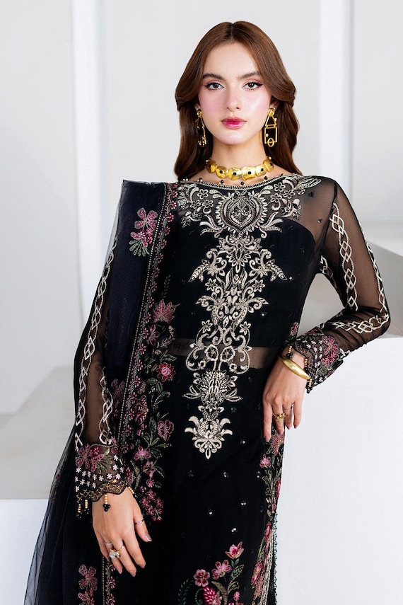 bridesmaid dresses, Formal Dress salwar kameez in Black Chiffon with Embroidered Dupatta