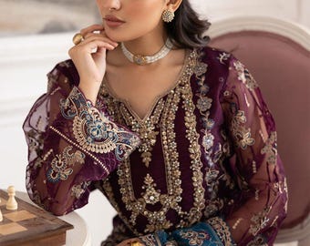 Pakistani Kameez bridesmaid dresses Embroidered Red Organza & Net Dupatta Worldwide Free Shipment