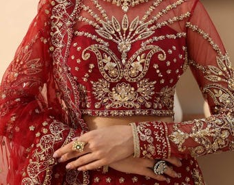 Red Lehenga Choli, Bridal Lehenga with Embroidery, Hand Embellished Wedding Outfit, Net Embroidered Lengha with Dupatta, Indian Ethnic Dress