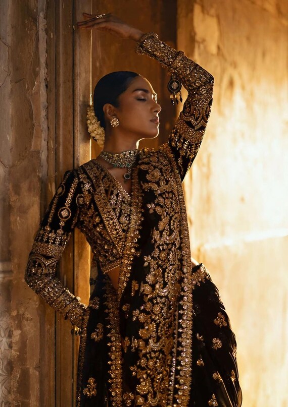 Black Velvet Dress Lehenga Long Sleeve | Custom-stitched Eid & Party Wear |  Pakistani Bridesmaid Dresses - Etsy Israel