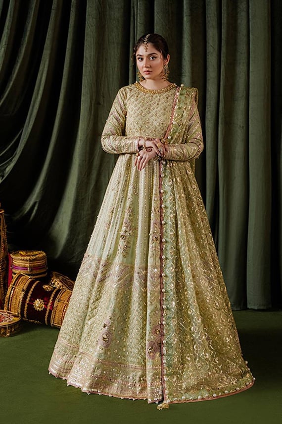Elegant Pistachio Lehenga Green Embroidered Dress With Dupatta