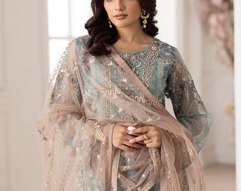 Shalwar kameez para mujer, bordado con organza y dupatta de red, vestido tradicional pakistaní.