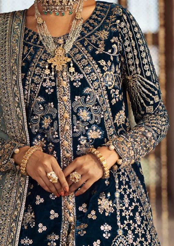 blue velvet embroidered dress salwar suit handmade 9000 Micro Shalwar Kameez worldwide Size:US2/UK6 Cobalt resham thread throughout OCTOBER2023 SWEETHEART NECKLINE OFF-THE-SHOULDER MIDI