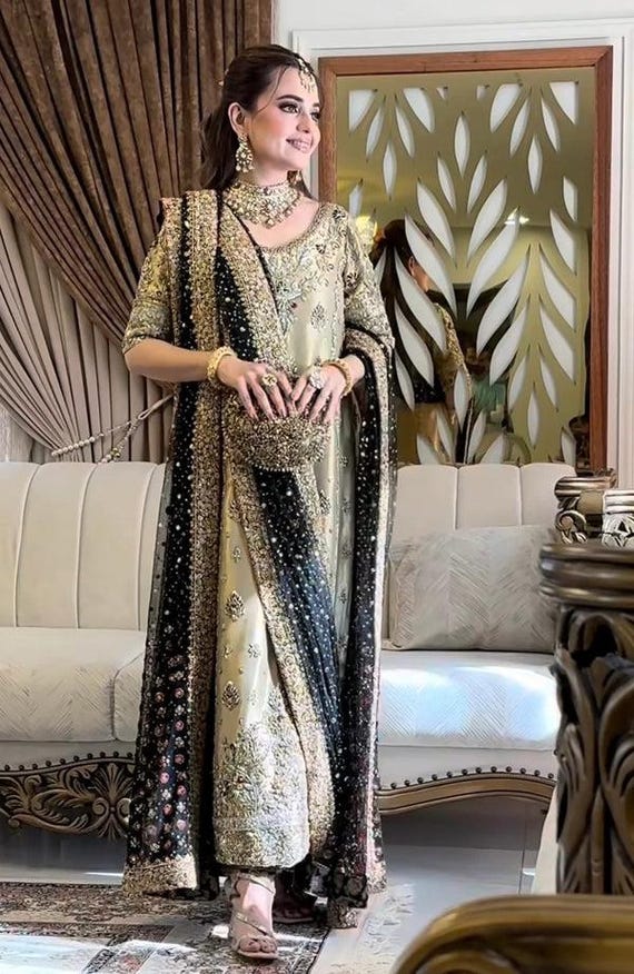 black and golden pakistani dresses Gold & Salwar Kameez for Weddings Parties- Heavily Embroidered Festive cf-color-black