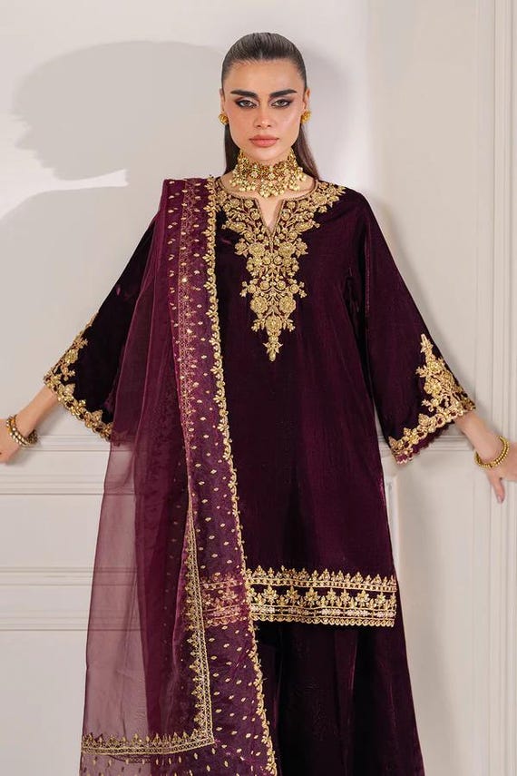 formal velvet dresses pakistani Embroidered velvet dress with silk trousers for events main image 0