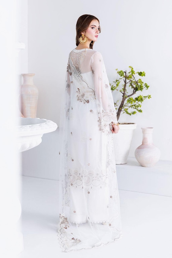 white chiffon dress pakistani White Pakistani Dress in Chiffon with Embroidery Online MEDIUM