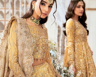 Gold Bridal Lehenga | Hand-Embroidered Wedding Outfit | Custom Size