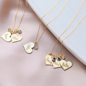 Engraved Heart Necklace, Engraved Heart Necklace with Birthstones, Personalized Mom Necklace with Kids Names, Family Necklace, Mother&#39;s Day