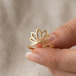 Gold Lotus Ring , Minimalist Boho Gold Ring for Women ,Dainty Adjustable Lotus Flower Jewelry , Birthday Gift, Mother' Day Gift