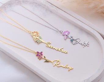 Custom Name Necklace with Birth Flower, Personalized Flower Jewelry Gift for Her, Handmade Birthday gift, Bridesmaid & Christmas Jewelry