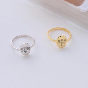 Custom Birth Flower Ring, Gold Birthstone Ring, Family Name Ring, Meaningful Gift for Mom, Birthday, Christmas, Anniversary Gift