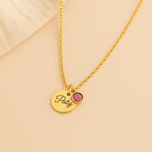Engraved Birthflower Pendant, Birthstone Name Necklace, Dainty Gold Necklace – Custom Jewelry Gift for Birthday, Anniversary
