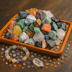 May include: A wooden tray filled with a variety of colorful tumbled stones, including green, blue, purple, red, and brown. The stones are arranged in a random pattern and are surrounded by a white background.