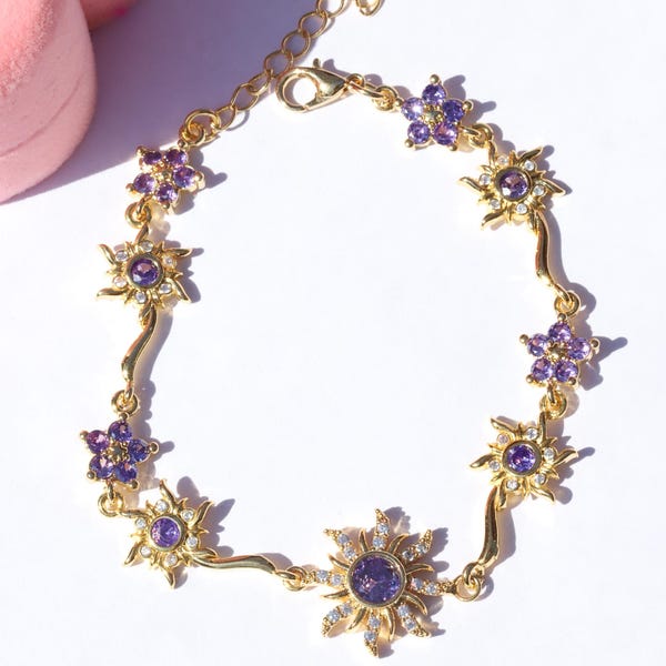 Gold Plated Sun Bracelet, Purple Flower Charm, Fairytale Princess