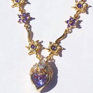 Gold Plated Princess Crown Necklace, Purple Heart Charm