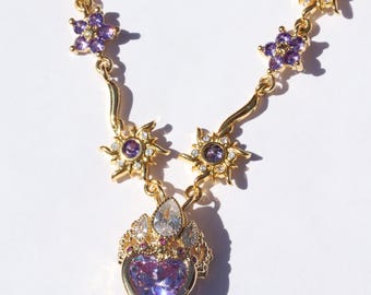 Gold Plated Princess Crown Necklace, Purple Heart Charm