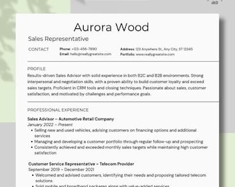 ATS-Friendly Sales Resume and Cover Letter Template, CV WritingGuide |Editable in Word and Canva | Perfect for Sales Advisor and Retail Jobs