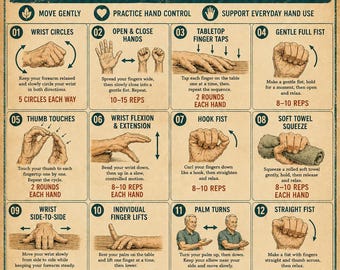 Puede incluir: Un póster instructivo de estilo vintage titulado Hand & Wrist Exercises for Seniors, que presenta 16 ilustraciones numeradas de movimientos de manos. El gráfico incluye instrucciones de texto para la movilidad y el control de los dedos.
