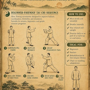 Op de afbeelding: Een instructieposter in vintage-stijl getiteld EASY TAI CHI EXERCISES, met acht genummerde illustraties van een persoon die bewegingen uitvoert. De beige achtergrond bevat landschapstekeningen, instructies en een lijst met voordelen.