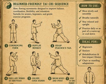 Easy Tai Chi Seniors Workout Movements Poster Chinese Martial Art Therapy Balance Home 30 Day Self Challenge Chart Exercise PDF Download