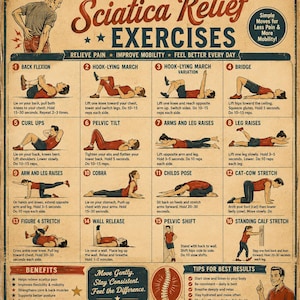 Può includere: Un poster didattico in stile vintage intitolato Sciatica Relief Exercises che presenta sedici illustrazioni numerate di movimenti fisici. Il grafico include descrizioni testuali per ogni esercizio, una sezione sui benefici e consigli per ottenere i migliori risultati.