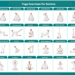 May include: A chart with illustrations of yoga poses for seniors. The chart is divided into 6 rows and 6 columns. Each cell contains a photo of a person demonstrating a yoga pose. The poses are labeled with their names, such as "Head Tilt Mouth Open", "Cow Pose", "Frog Pose", "Chicken Wings Arms", "Fist Pumps", and "Temple Press".