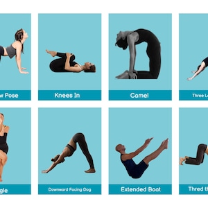 May include: A collage of eight images showing different yoga poses. The poses include Cat Cow, Knees In, Camel, Three Legged Dog, Eagle, Downward Facing Dog, Extended Boat, and Thred the Needle.